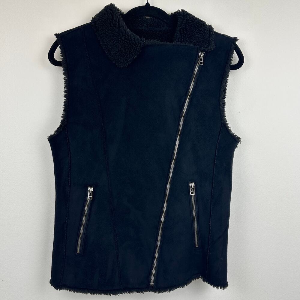 Velvet by Graham & Spencer Womens Asymmetrical Full-Zip Sherpa Black Vest XS